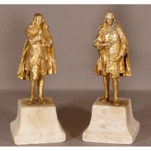 Colbert Et Fouquet, Paire De Statuettes En Bronze Doré époque XIX ème