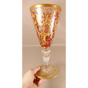 Grand Vase Cornet En Cristal Givré Et Doré à l'Or Fin, Saint Louis, XIX ème Siècle 