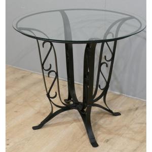 Wrought Iron And Glass Pedestal Table, Around 1930-1940