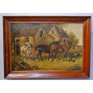 Horses On The Farm, Large Oil Painting On Canvas Early Twentieth Time