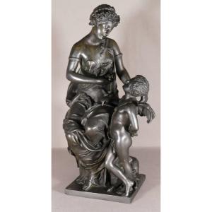 Louis Cosme Demaille, Bronze Sculpture Young Woman With Cherub, Dated 1871