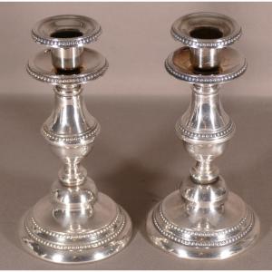 Pair Of Candlesticks In Silver Metal With Pearls, Goldsmith Noël Collet, Mid 20th Century