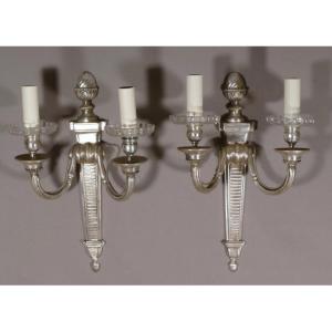 Pair Of Neoclassical Louis XVI Sconces In Silver Bronze, XIXth Time