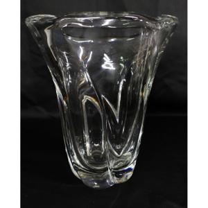 Daum France, Flower Vase In Thick Transparent Crystal, Circa 1960