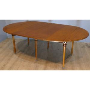 Round Dining Table With Extensions, 6 Spindle Feet Blond Mahogany, XIXth Time