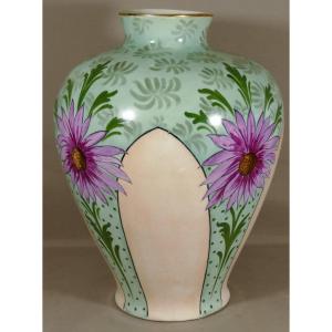 Large Potiche Vase Decor With Limoges Porcelain Flowers, Art Deco Period