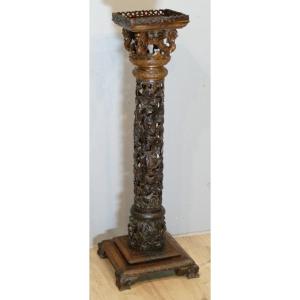 Indochinese Bolster Column In Carved And Openwork Rosewood, Dragon...