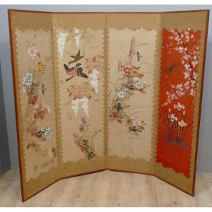 Asian Screen With 4 Leaves In Painted And Embroidered Silk, Mid Twentieth Time