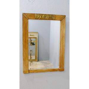 Art Deco Period Mirror Painted Faux Wood And Golden Flowers, Circa 1930