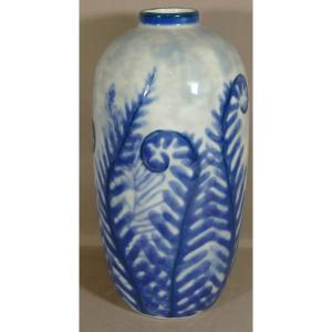 Camille Tharaud, Large Art Deco Blue Ferns Vase In Limoges Porcelain