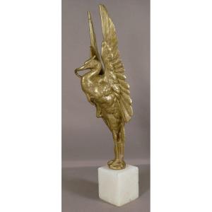 Heron After Auguste Cain, Animal Bronze On Alabaster Base, XIX