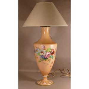 Opaline Lamp Hand Painted With Bouquets Of Flowers, Roses, Anemones, Ipommées... XIX