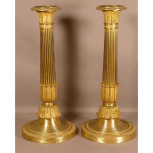 Pair Of Charles X Candlesticks Restoration In Gilt Bronze, Early XIXth Time