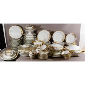 Table Service For 12 People 128 Pieces In White And Golden Porcelain, Limoges