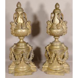 Pair Of Cassolettes Or Andirons Louis XVI In Gilt Bronze, Dionysos, Eighteenth Time