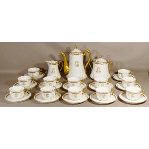 Charles Ahrenfeldt  Vers 1900 Service à Café 12 Personnes En Porcelaine Blanche Et Doré Limoges