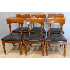 6 Regency Charles X Headband Chairs In Mahogany And Leather, Early XIXth Time