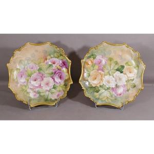 Les Roses, Pair Of Limoges Porcelain Hand Painted Dishes