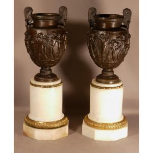 Paire De Cassolettes Ou Urnes à l'Antique En Bronze Et Marbre, Barbedienne Colas, XIX ème