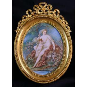 Vénus Et l'Amour d'Après François Boucher, Miniature Sur Ivoire Cadre Signé Picard, XIX ème