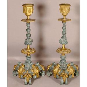 Pair Of Neo Renaissance Candlesticks In Gilt Bronze And Green Patina, XIXth Time