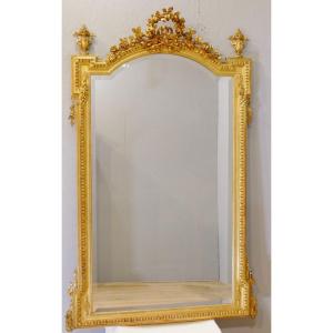 180*105 Cm, Très Grande Glace Miroir De Style Louis XVI En Bois Et Stuc Doré, Napoléon III 