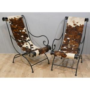 Pair Of Wrought Iron Armchairs In The Style Of Lounge Chairs And Cowhide, Late Nineteenth Time