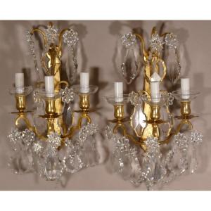 Bronze Signed Baccarat, Pair Of Sconces In Baccarat Crystal And Gilt Bronze, Late Nineteenth Time