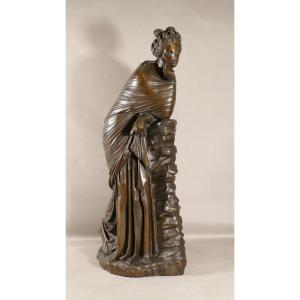 Grand Bronze à l'Antique, Polymnie, Sculpture De Femme Drapée, Pensive, Collas, époque XIX ème