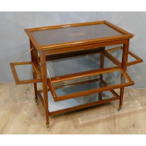 English Tea Table Forming Showcase, Mahogany And Light Wood Nets, Late Nineteenth Time