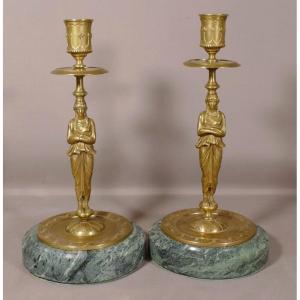 Pair Of Candlesticks With Caryatids In Gilt Bronze And Green Marble, XIXth Time