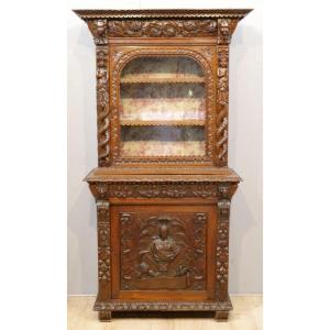Buffet Vitrine To The Goddess Of Arts And Science Athena, Renaissance Style Carved Oak