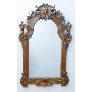 Regency Style  Mirror In Oak Wood Carved Flowers And Mascarons Late Nineteenth Time