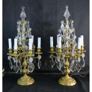 78 Cm, Pair Of Large Regency Style Girandole Lamps In Gilt Bronze And Crystal, XIX