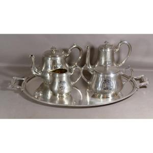 Christofle Guilloché, Coffee Tea Service And Tray In Silver Metal, Early Twentieth Time