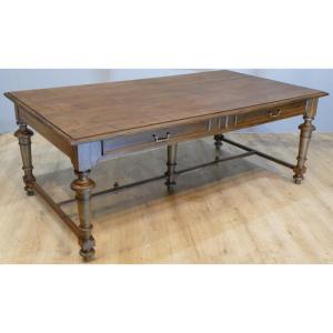 2 Meters, Large Dining Or Library Table In Solid Walnut, Late Nineteenth Time