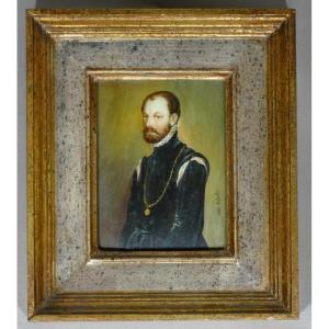 Philip II Of Spain, Miniature Portrait On Ivory By Ida Calzolari, 20th Century