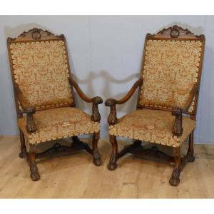 Pair Of Large Louis XIV Ceremonial Armchairs In Carved Walnut, XIXth Century