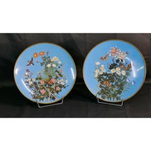 Pair Of Japanese Cloisonne Bronze Dishes, Flowers, Butterfly And Bird, XIXth Century