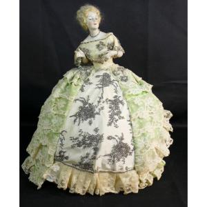 German Porcelain Dressed Half Figure, Half Doll, With Wig