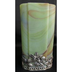 Vase En Cristal Marbré De Sèvres Et Monture Art Nouveau En Argent Massif
