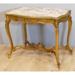 Louis XV Rocaille Middle Table In Golden Wood And Marble, Napoleon III Period