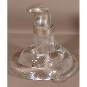 Snake Inkwell In Crystal And Sterling Silver, England 19th Century