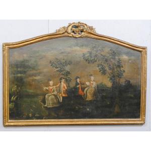 Large 18th Century Painting, Door Top, Music And Fishing Lesson, Louis XV