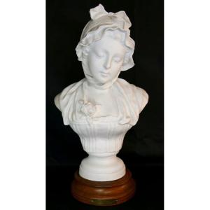 After Greuze, Biscuit Bust Of A Young Girl, Signed Loys Potet Early 20th Century