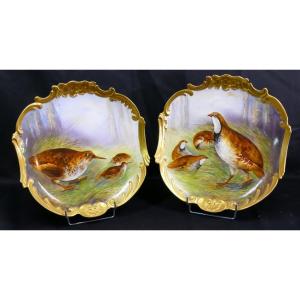 Woodcock And Partridge, Pair Of Hand-painted Decorative Dishes, Limoges Porcelain Late 19th Century