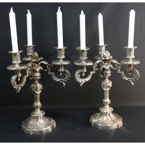 Pair Of Louis XVI Candlesticks In Silvered Bronze, 19th Century