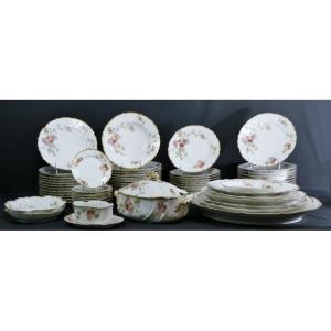 19th Century Table Service, 71 Pieces With Flowers, Martial Redon Limoges