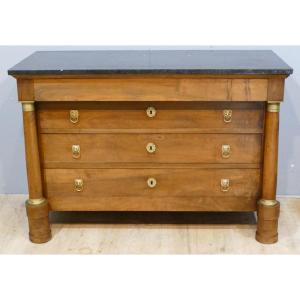 Empire Period Commode In Solid Walnut And Black Marble Top, Early 19th Century