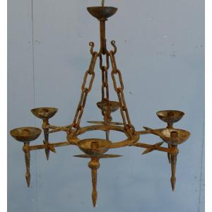 Medieval Style Wrought Iron Chandelier From Barn, 19th Century
